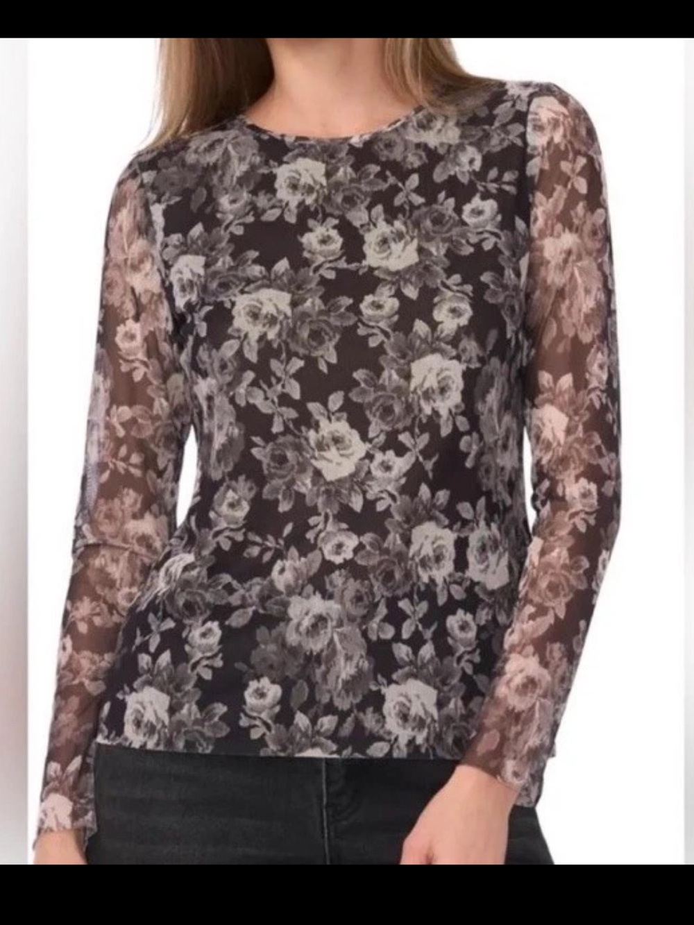 Ted Baker Sheer Floral Long Sleeve Top - Black & Cream